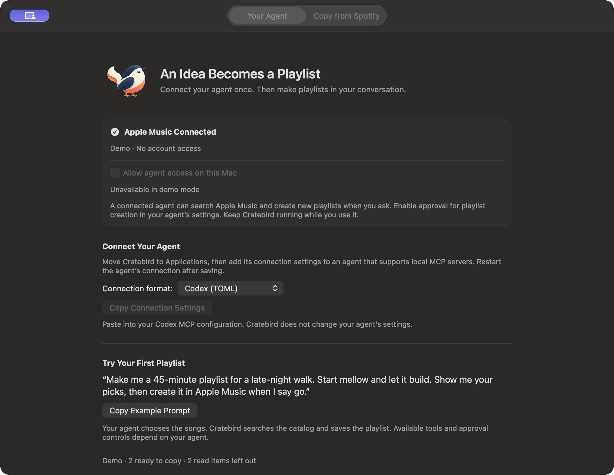 Cratebird’s Your Agent screen with Apple Music connection status, connection settings, and an example playlist prompt